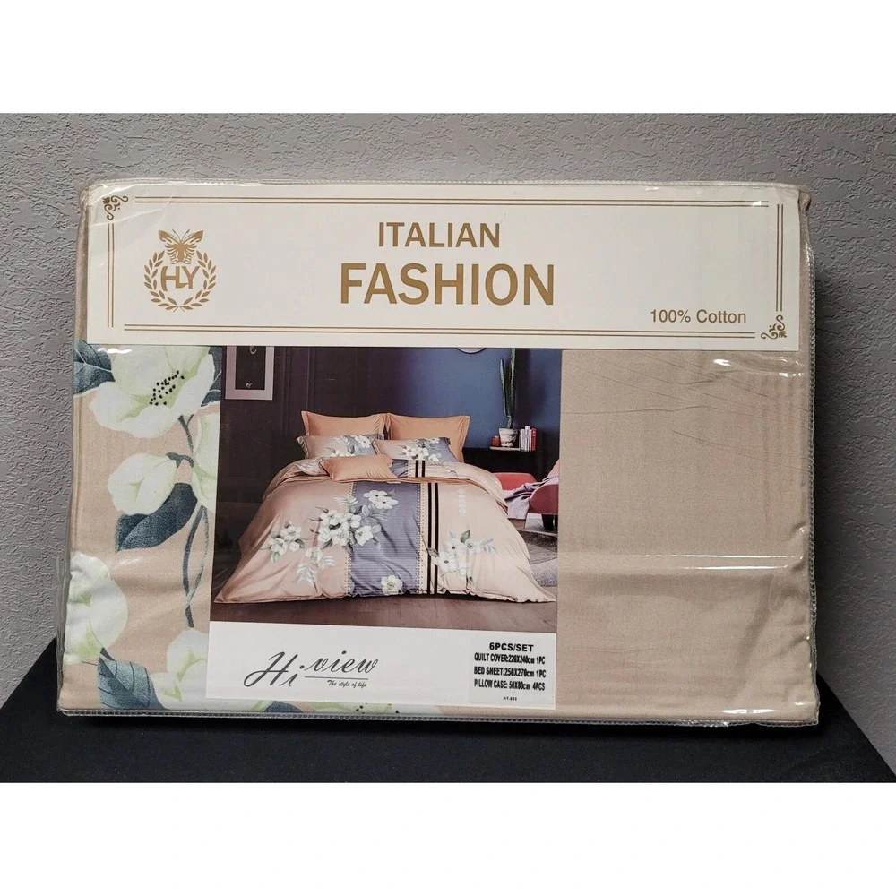 Italian Fashion Queen Size Duvet Cover Set 6 Pcs Design #HY-889 Blue/BeigeFloral